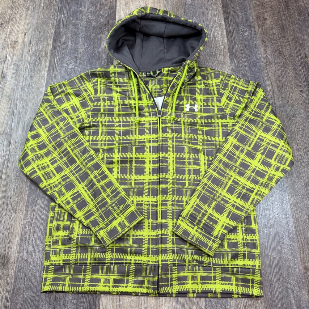 Under Armour Storm Full Zip Hoodie Mens MD Green Grey Plaid Fleece Jacket